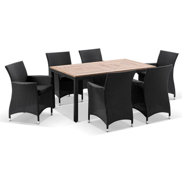 Sahara 6 Seater Outdoor Teak and Wicker Dining Setting Charcoal & Denim Grey Cushions
