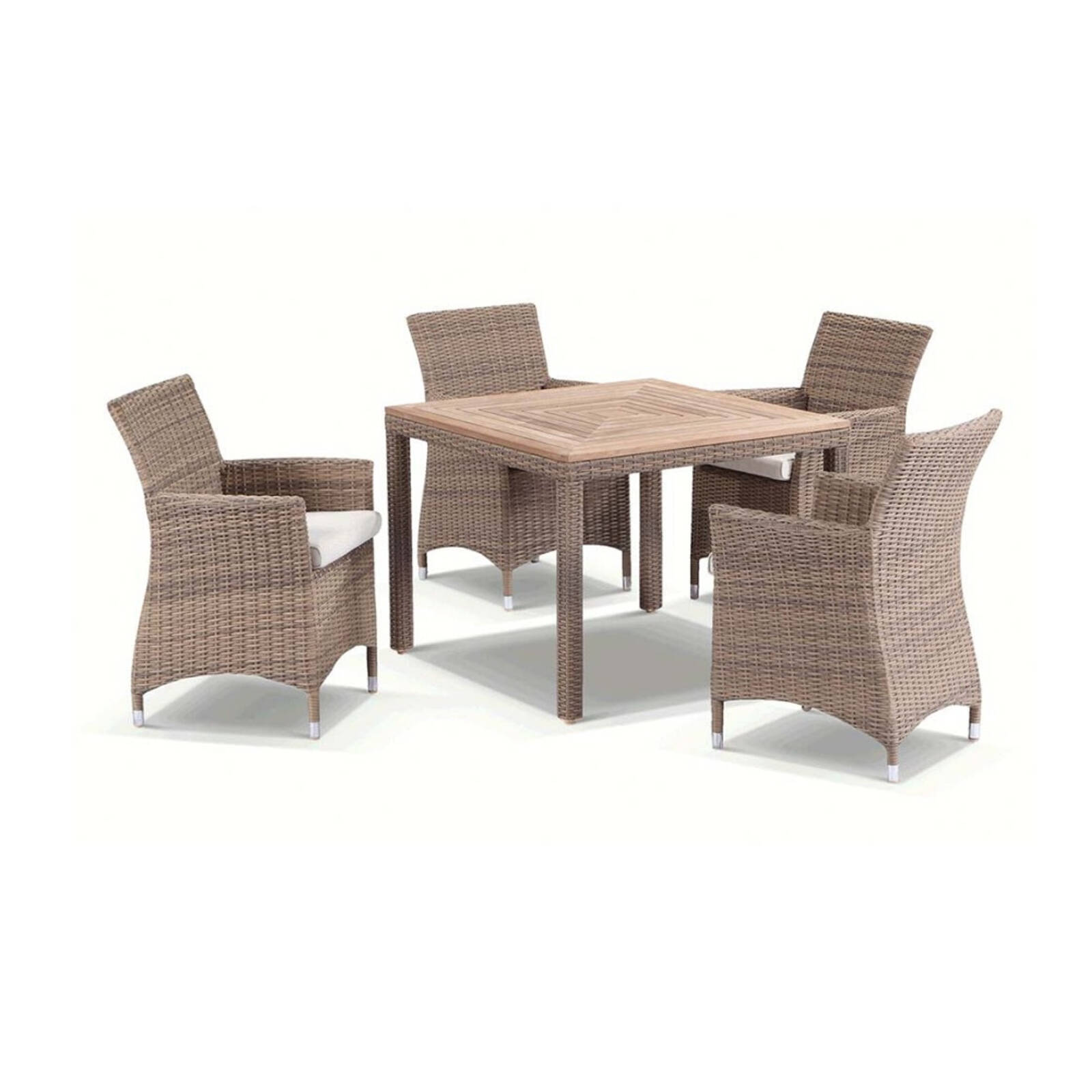 Sahara 4 Seater Outdoor Teak and Wicker Dining Setting Brushed Wheat & Cream Cushions