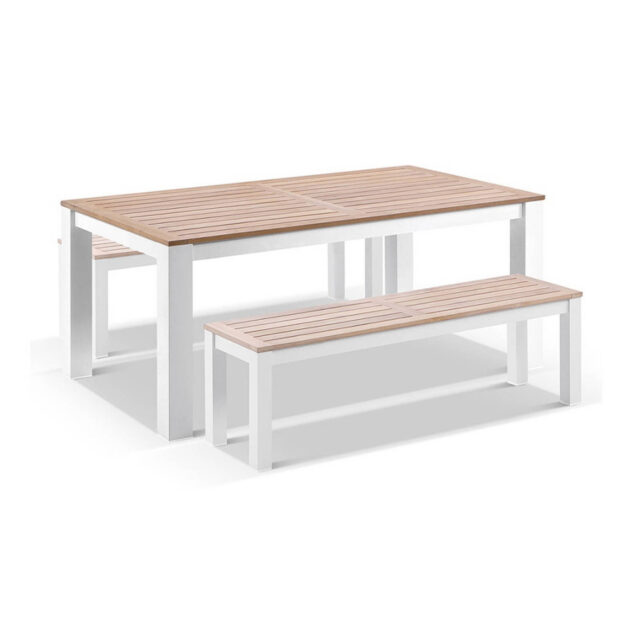Outdoor Balmoral 1.8M Teak Top Aluminium Table With 2 Bench Seats White