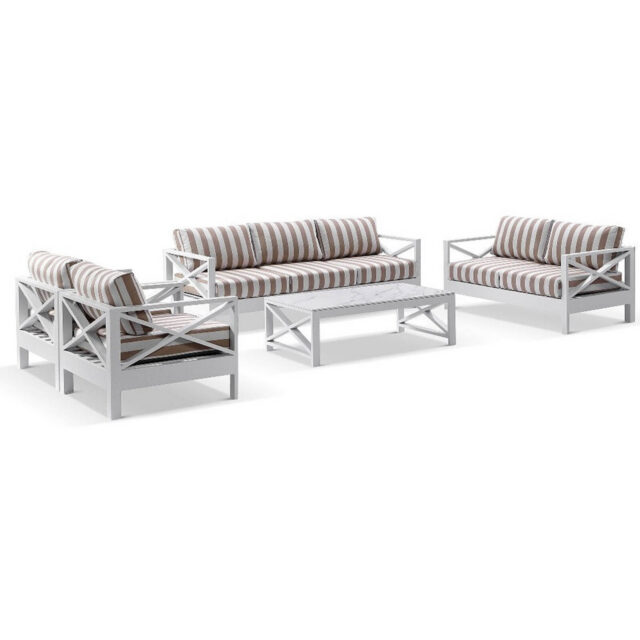 Kansas 3+2+1+1 seater Outdoor Aluminium Lounge Set with Coffee Table in Sunbrella & Maxim Beige Cushions