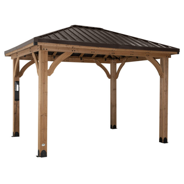 Backyard Discovery Barrington 3.7m x 3.0m Cedar Wood Outdoor Patio Gazebo with Hardtop Galvanized Steel Hip Roof and PowerPort