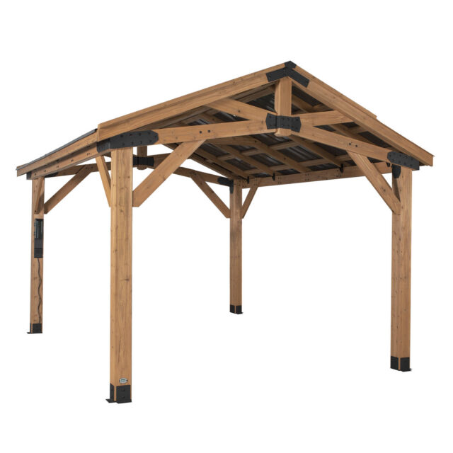Backyard Discovery Norwood 4.3m x 3.7m Cedar Wood Outdoor Patio Gazebo with Hardtop Galvanised Steel Peak Roof and PowerPort