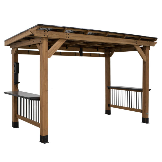 Backyard Discovery Saxony XL 3.7m x 1.8m Cedar Wood Outdoor Barbeque Gazebo with Hardtop Galvanized Steel Roof and Bar Tops