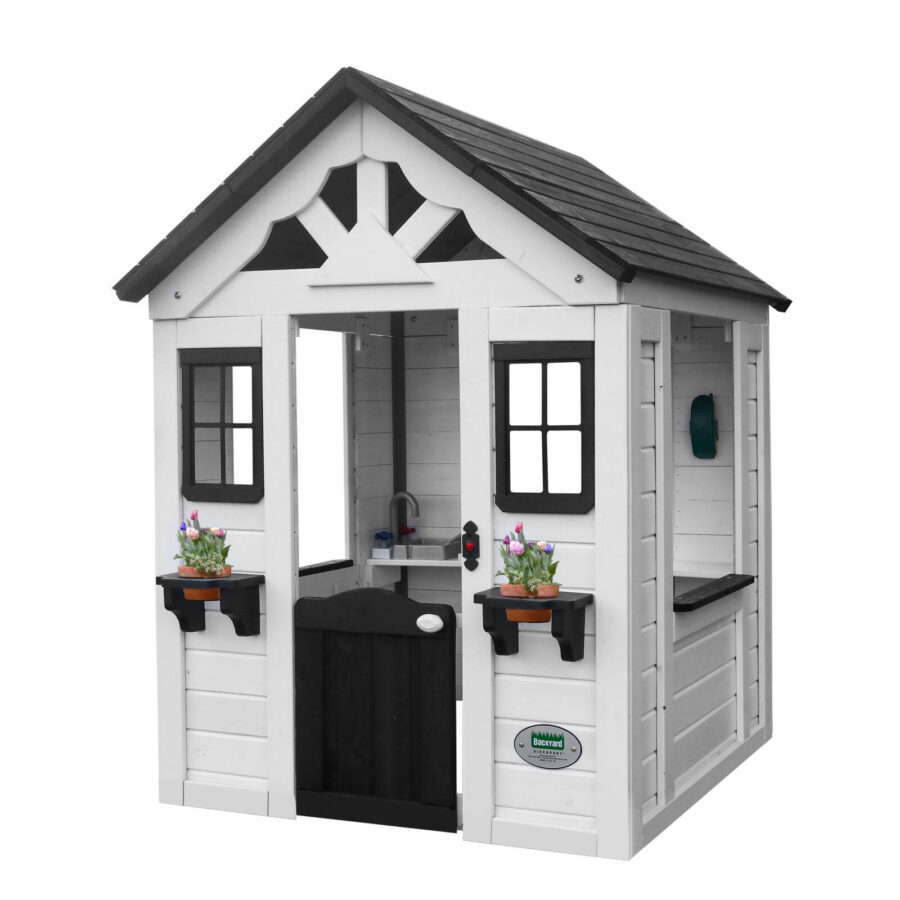 Backyard Discovery Sweetwater White Cedar Wood Kids Outdoor Cubby House with Working Door and Play Kitchen