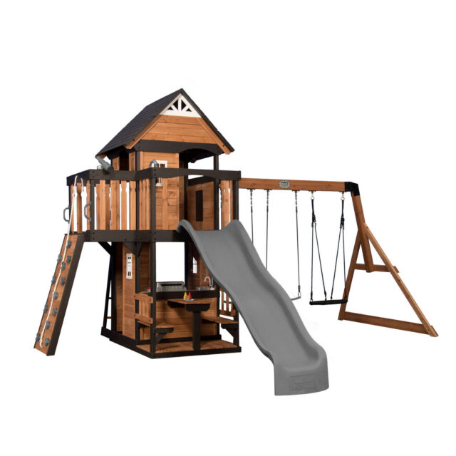 Backyard Discovery Canyon Creek Cedar Wood Play Centre Swing Set with Slide and Clubhouse