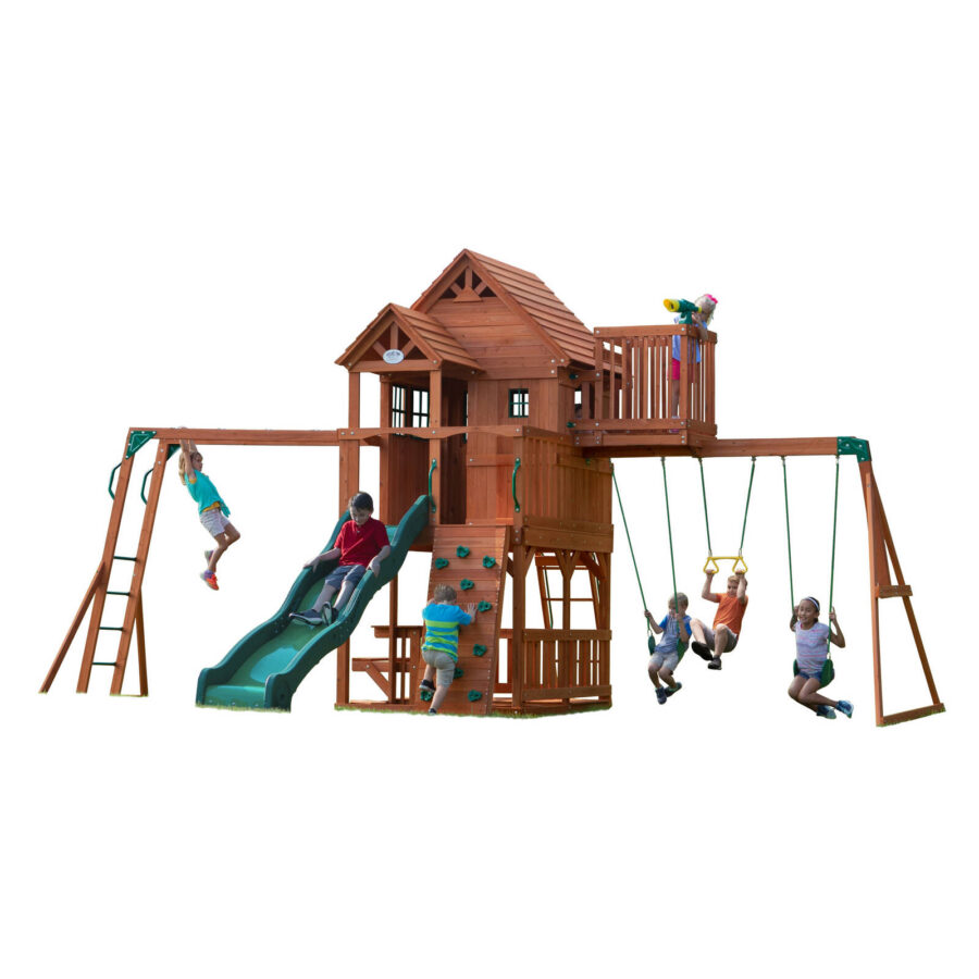 Backyard Discovery Skyfort II Cedar Wood Play Centre Swing Set with Slide and Clubhouse