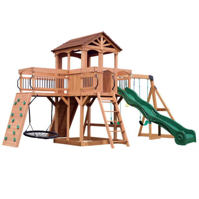 Backyard Discovery Sterling Point Cedar Wood Play Centre Swing Set with Slide and Fort