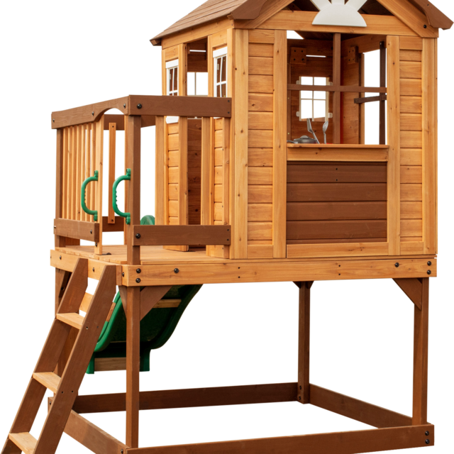 Backyard Discovery Echo Heights Cedar Wood Kids Outdoor Cubby House with Wave Slide and Deck