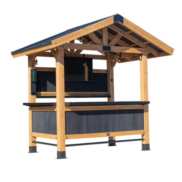 Backyard Discovery Palisade 2.7 m x 1.8 m Cedar Wood Outdoor Bar with Galvanized Steel Roof, Bar Tops, and PowerPort